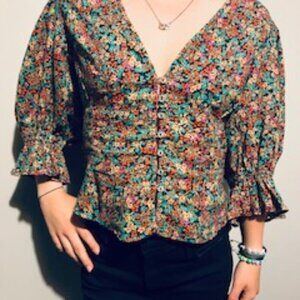 Free People   Floral balloon sleeve cinched waist blouse size XS